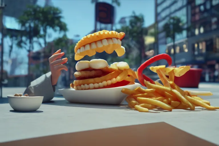 Image similar to a commercial with a 3d rendered snake spitting french fries, commercial, 3d render, Mc donalds, 4k, sharp, by Beeple, Octane Render, cinema 4d