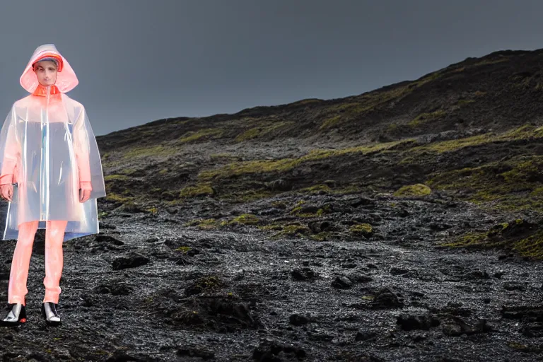 Image similar to an ultra high definition professional high fashion portrait studio full length photograph of a model wearing a transparent pearlescent raincoat and neon visor in an icelandic black rock environment at dawn. no artefacts. extremely detailed. stark. shallow depth of field. volumetric light and shadow. ray tracing. light ray.