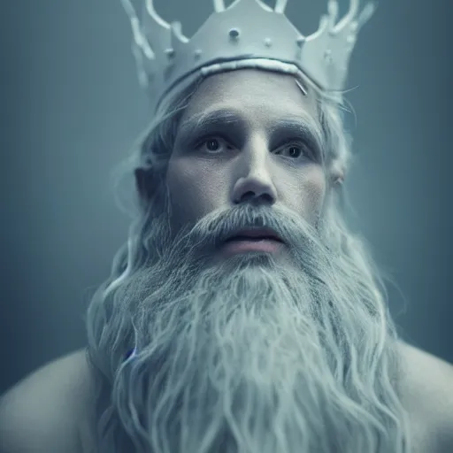 Prompt: an ancient, blind fae king ( with very long, white beard, and a strange crown ) by octane render, sarah ann loreth and mark mann, low key lights, atmospheric, dreamlike, mystical