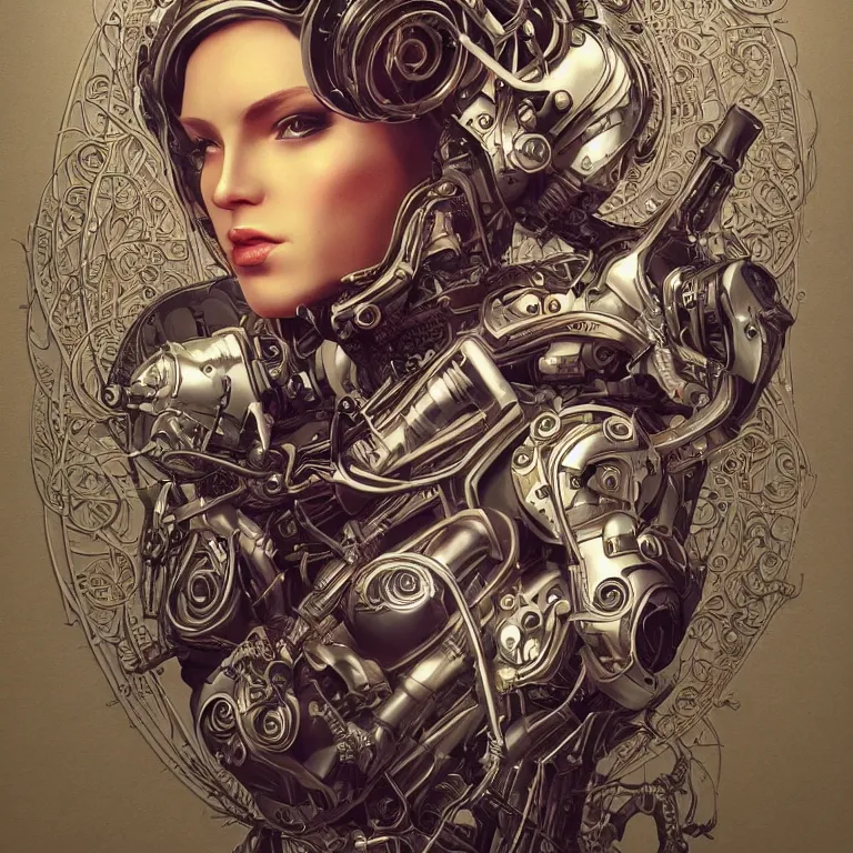 Image similar to ultra realistic illustration of a retro futuristic female cyborg punk art nouveau filgree scrollwork, masterpiece, intricate, highly detailed, sharp