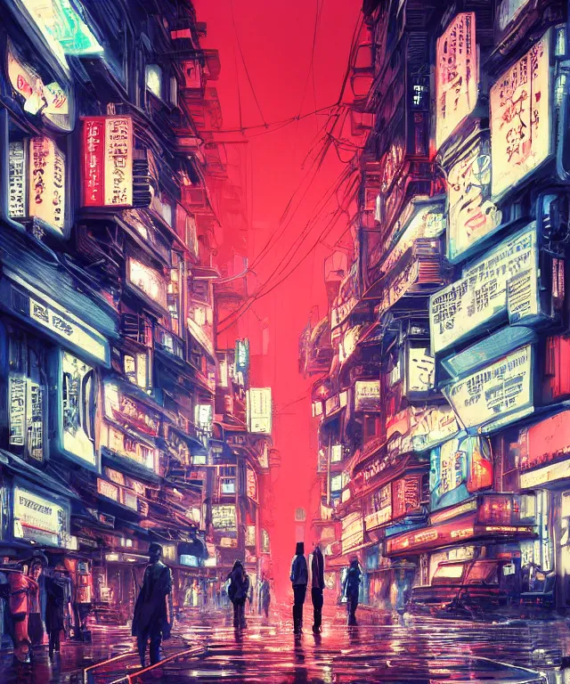 Image similar to insane perspective of street sidevue fromneo tokyo with a big red robot waiting, realistic shaded , humid ground, artstation, art by moebius, disney fantasy style, blade runner rainy mood, people and creatures walking , neon ombrellas, volumetric light, neon lights, science fiction elements, lampposts, rainy mood