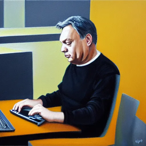 Image similar to viktor orban javascript programming with a laptop in a cubicle, oil painting