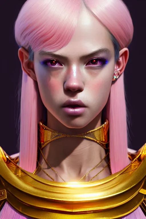 Image similar to hyperdetailed portrait of a stunningly beautiful european girl androgynous guard made of iridescent metals shiny pink gems, bright nimbus, thin golden necklace, inspired by ross tran and wlop and masamune shirow and kuvshinov, concept art, intricate, photorealistic, octane render, rtx, hdr, unreal engine, dnd digital art by artgerm