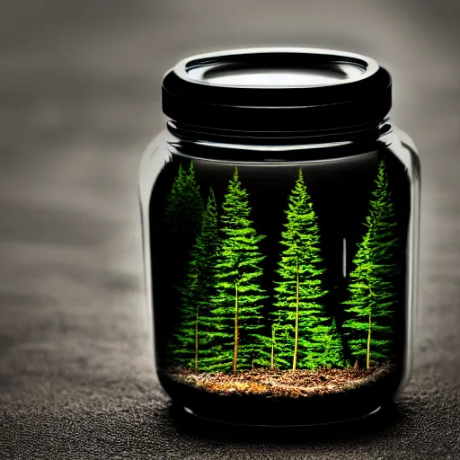 Prompt: glass jar with a forest inside, bokeh, dark background, hyperrealistic, volumentric lighting, highly detailed