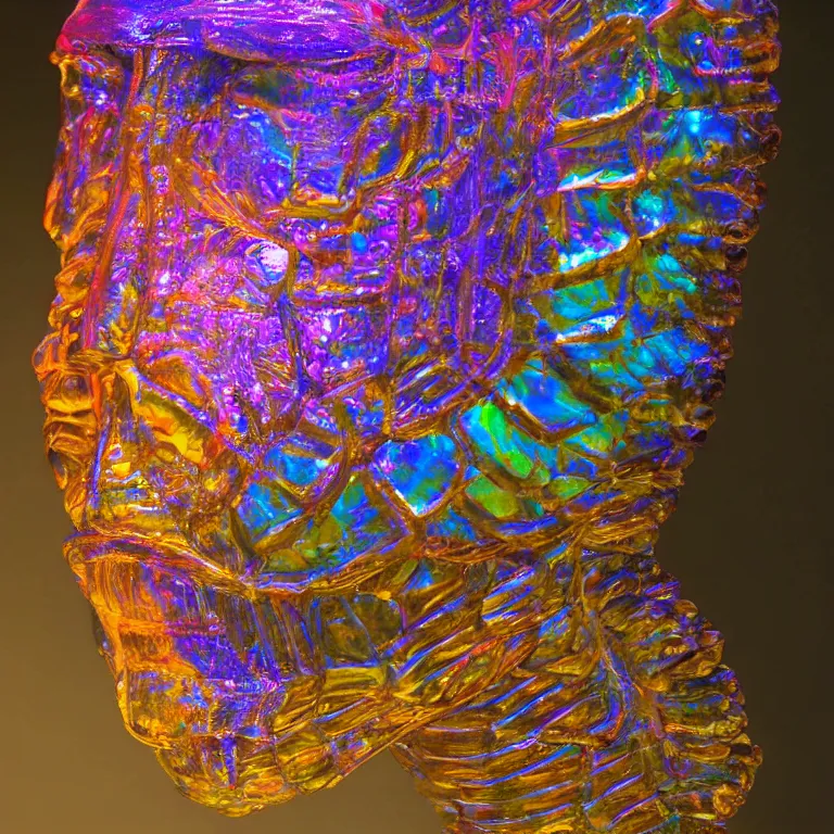 Prompt: hyperrealistic sculpture of an iridescent glowing trilobite fossil encased in a solid cube of colored glass on a pedestal by ron mueck and duane hanson and damien hirst, hyperrealistic dramatic colored lighting trending on artstation 8 k