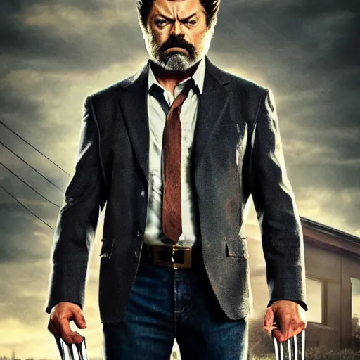 Image similar to logan pictured as nick offerman in wolverine x - men suit, marvel movie still, detailed 8 k, imdb poster style