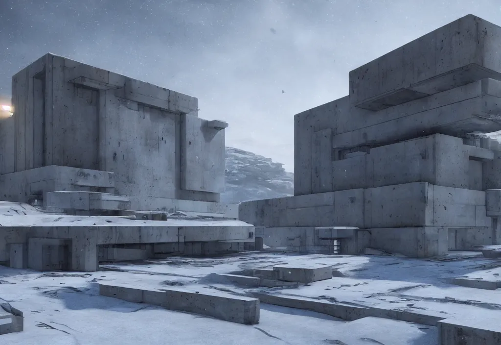 Prompt: Small brutalist modern concrete building on a cold, snowy hill. Concept art, star citizen.