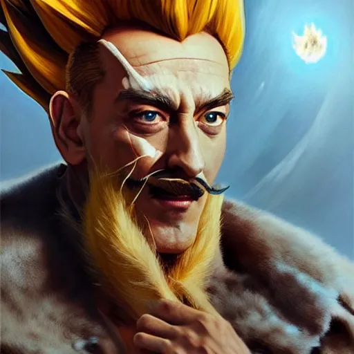 Prompt: salvador dali super saiyan, cinematic lighting, highly detailed, concept art, art by wlop and artgerm and greg rutkowski, masterpiece, trending on artstation, 8 k