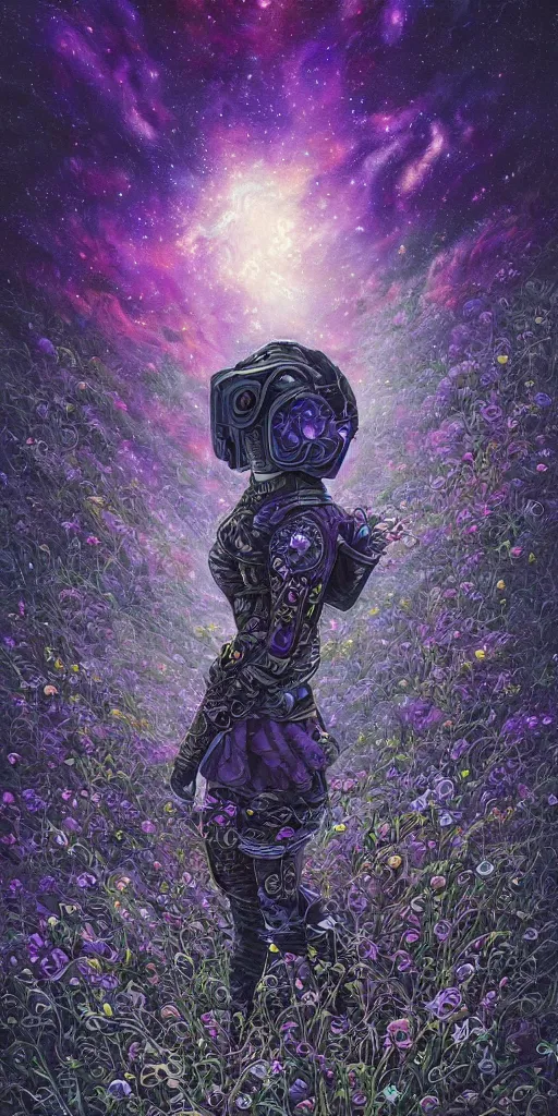 Image similar to detailed, intricate blue black and purple papaverum flower on the field, nebula, galaxy in the sky, winning award masterpiece, fantastically beautiful, illustration, aestheticly inspired dan mumford, upscale with anguissola sofonisba work, artstation, 8 k