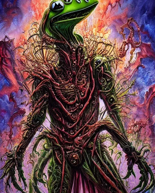 Image similar to charred bloody fleshmetal cyborg daemonhost kermit the frog psychedelic flamer of tzeentch, by antonio j. manzanedo, giger, alex grey, android jones, wayne barlowe, philippe druillet, raymond swanland, cyril rolando, josephine wall, harumi hironaka, cronenburg, trending on artstation