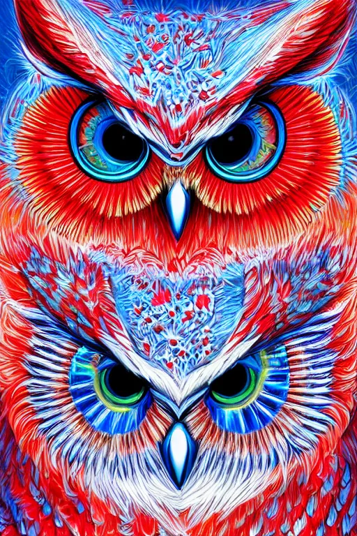 Image similar to glowing owl, white, red and blue colours, highly detailed, digital art, sharp focus, trending on art station