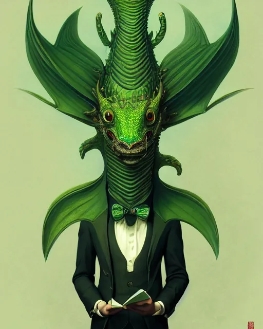 Image similar to anthropomorphic art of a businessman dragon, green dragon, portrait, victorian inspired clothing by artgerm, victo ngai, ryohei hase, artstation. fractal papers and books. highly detailed digital painting, smooth, global illumination, fantasy art by greg rutkowsky, karl spitzweg