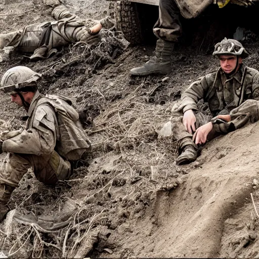 Image similar to Tired and dirty soldiers sitting in a ditch, explosions all around