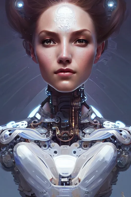 Image similar to beautiful female mechanical android!, half portrait, intricate detailed environment, photorealistic!, intricate, elegant, highly detailed, digital painting, artstation, smooth, sharp focus, art by artgerm and greg rutkowski and alphonse mucha