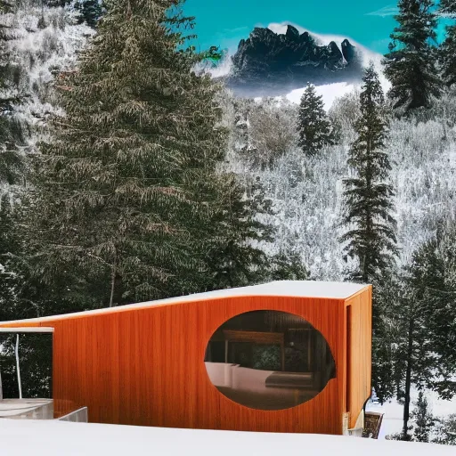 Image similar to wes anderson style modern futuristic house near the lake, snowy mountains and green forest, cinematic, realism, photo, detailed