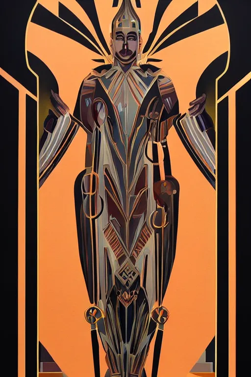 Prompt: a beautiful symmetrical art deco painting of a god worshipped by gay cowboys, trending on artstation