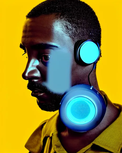 Image similar to hyperrealist highly intricate neo-modern portrait light blue pearlescent a cyberpunk black man at 20s with robot eyes, short hair, tiny thin mustache, thin face, wearing headphones, holding a big camera, concept art pascal blanche key sage dramatic yellow lighting 8k high angle shallow depth of field