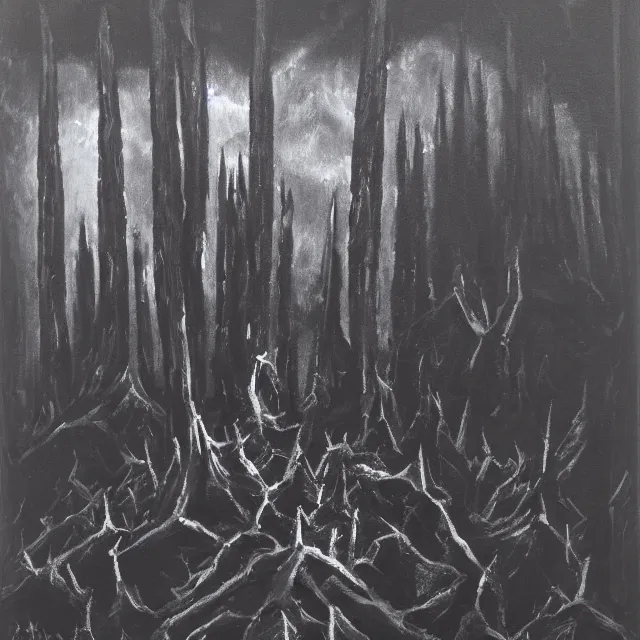 Image similar to black temple with spikes in a dark forest, oil painting