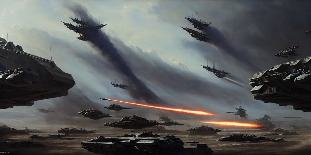 Image similar to hyper realistic sci - fi matte concept art painting of epic cinematic battle depicting soldiers deploying onto a battlefield from a drop ship, guns, missiles, explosions, beautiful details, strong composition painted by kim jung guweta studio rutkowski, james gurney and greg rutkowski, and lucasfilm, smooth, intricate, detailed, sharp focus, cinematic