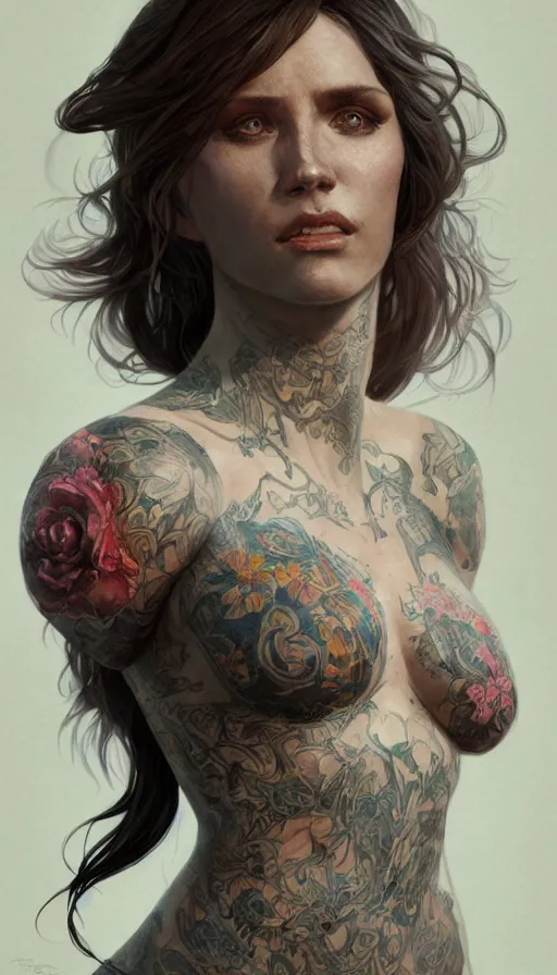 Image similar to tattooed lady, sweaty, insane, intricate, highly detailed, digital painting, artstation, concept art, smooth, sharp focus, illustration, Unreal Engine 5, 8K, art by artgerm and greg rutkowski and alphonse mucha