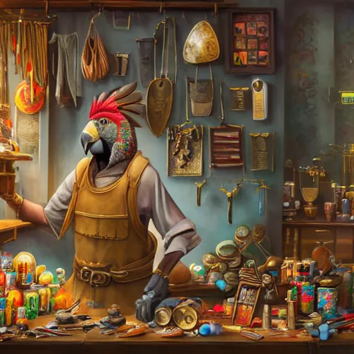 Prompt: A Anthropomorphized friendly parrot trader in his shop, selling his wares, portrait, items, gold, carpet, window, sly expression, cunning expression, presenting wares, holding a gold bag, D&D, fantasy, cinematic lighting, highly detailed, digital painting, artstation, concept art, smooth, sharp focus, illustration, warm light, cozy warm tint, magic the gathering artwork, volumetric lighting, 8k, art by Akihiko Yoshida, Greg Rutkowski