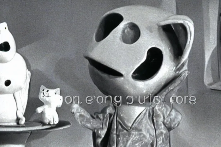 Image similar to still frame from a surreal 1979 children's tv show with molten statue baby, ghost cats, and a sad cheese puppet