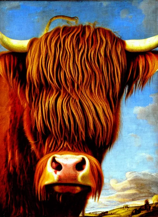 Image similar to oil portrait painting by hans holbein the elder of a highland cow.