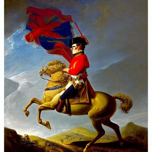 Prompt: napoleon standing ontop of a cliff as his army marches under him through a mountain passage, epic, in the style of Jacques-Louis David.