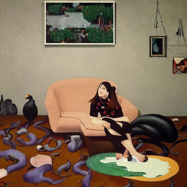 Image similar to female emo art student in her lounge room, painting of flood waters inside an artist's loungeroom, a river flooding indoors, pomegranates, pigs, ikebana, water, octopus, river, rapids, waterfall, black swans, canoe, berries, acrylic on canvas, surrealist, by magritte and monet