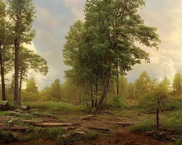 Image similar to beautiful matte painting of cute soviet block of flatshrushevka in end of forest by ivan shishkin