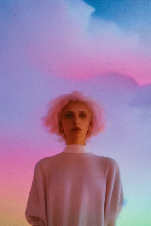 Image similar to high quality pastel coloured film close up wide angle photograph of a model wearing clothing resting on cloud furniture in a icelandic black rock!! environment in a partially haze filled dreamstate world. three point light, rainbow. photographic production. art directed. pastel colours. volumetric clouds. pastel gradient overlay. waves glitch artefacts. extreme facial clarity. 8 k. filmic.