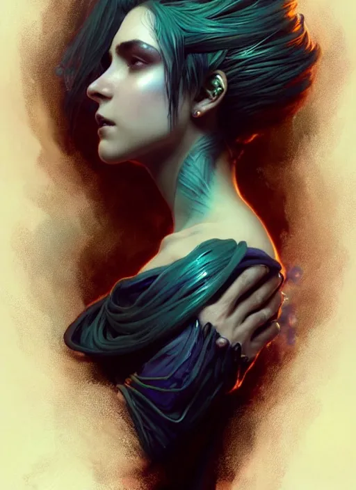 Image similar to a beautiful cinematic female Necromancer Sorceress, galatic shamen with Quantum energy fantasy, fantasy magic, short fade hair, undercut hairstyle, dark light night, intricate, elegant, sharp focus, illustration, highly detailed, digital painting, concept art, matte, art by WLOP and Artgerm and Greg Rutkowski and Alphonse Mucha, masterpiece