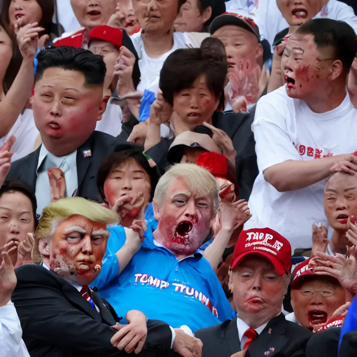 Prompt: zombie donald trump behaving himself as a spectator at the special olympics in north korea