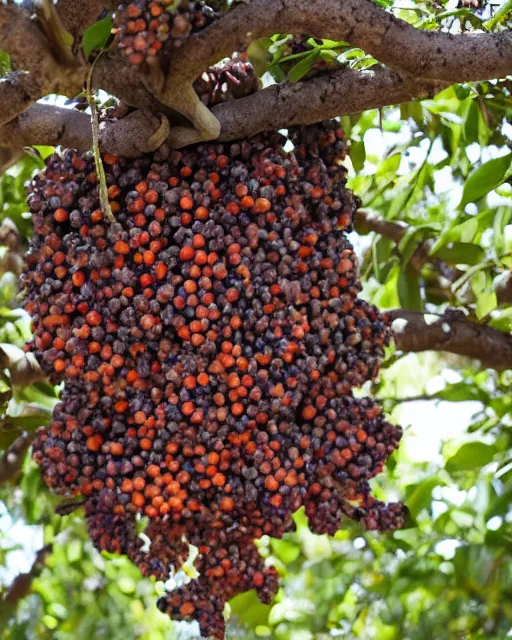 Prompt: golumn picking up carob fruits