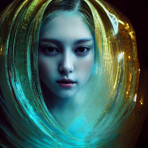 Prompt: A beautiful artistic underwater portrait by Zhang Jingna, volumetric lighting, golden light