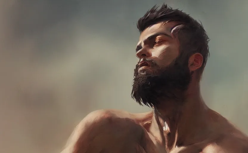 Image similar to a painting of arkul trending on artstation in the style of greg rutkowski, beautiful, male, sensual, natural skin, muscular, stubble, warrior, tattoos