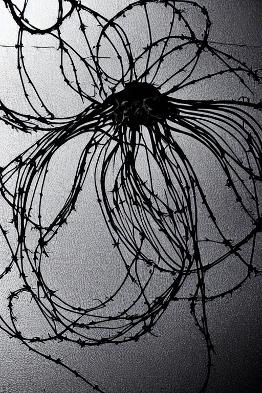 Image similar to a hypnotic jellyfish with tentacles made out of razor wire swimming underwater