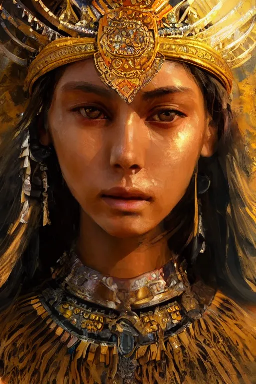 Image similar to aztec princess, gorgeous, close - up portrait, intricate, elegant, volumetric lighting, scenery, digital painting, highly detailed, artstation, sharp focus, illustration, concept art, ruan jia, steve mccurry