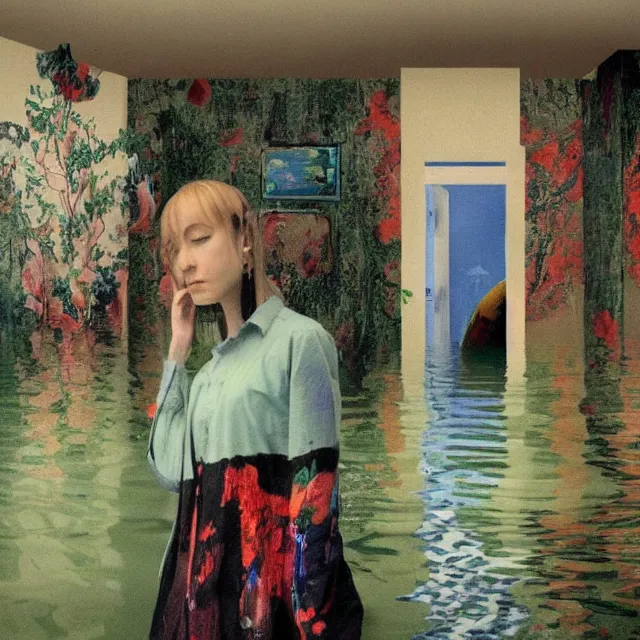 Image similar to tall female emo artists in their flooded apartment, painting of flood waters inside an artist's home, a river flooding indoors, pomegranates, pigs, ikebana, zen, water, octopus, river, rapids, waterfall, black swans, canoe, berries, acrylic on canvas, surrealist, by magritte and monet