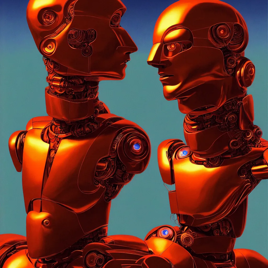 Image similar to cinematic bust portrait of psychedelic god robot from left, head and chest only, robotic improvements, part of Moebius, part of maxfield parrish, part of Thomas Ehretsmann,, oil on canvas, masterpiece, trending on artstation, cinematic composition, dramatic pose, beautiful lighting, sharp, details, hyper-detailed, volumetric lighting 4K