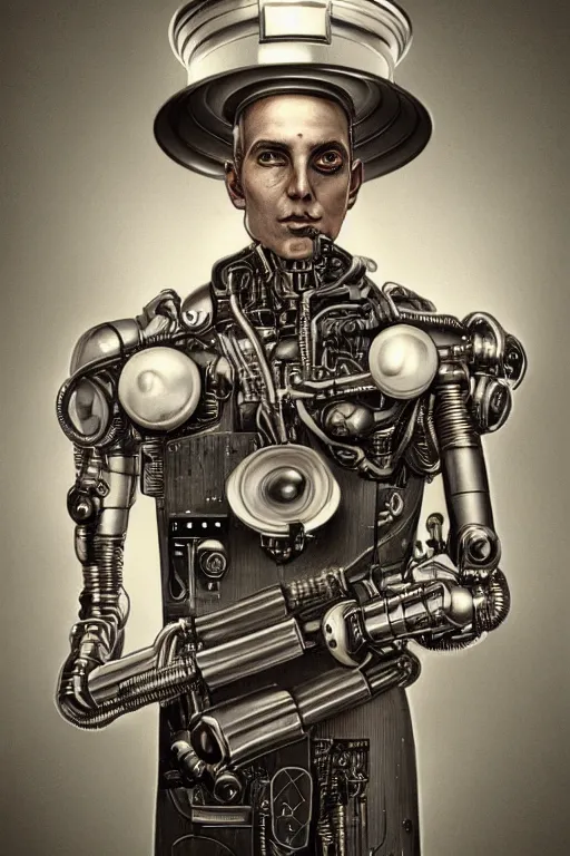 Image similar to a beautiful ultradetailed vintage photo of a futuristic cybernetic cyborg male wearing a tall white chef hat and an apron, by tom bagshaw and anna dittman, portrait, 3 5 mm lens, golden ratio composition, detailed face, studio photography, very detailed, humanoids, industrial robots, artstation, 8 k, highly coherent