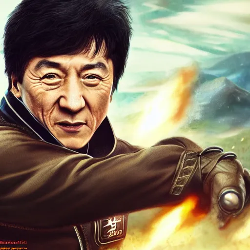 Image similar to Jackie Chan appears on the battlefield at the climax of the finno-korean hyperwar, by artgerm and wlop and scott fischer and seb mckinnon, digital art, highly detailed, wide shot, intricate, fantasy, mystical, sharp focus, Trending on Artstation HQ, deviantart, unreal engine 5, 4K UHD image