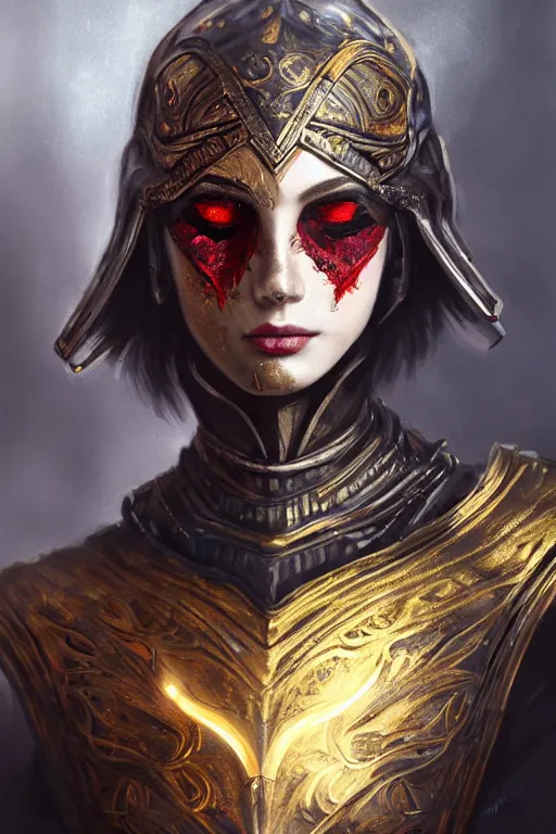 Image similar to portrait knights of Zodiac girl+smoky eyes, metalic black and red mirror reflected armor, in ruined Agora of Athens black magic, ssci-fi, fantasy, intricate, very very beautiful, elegant, golden light, highly detailed, digital painting, artstation, concept art, smooth, sharp focus, illustration, art by tian zi and WLOP and alphonse mucha