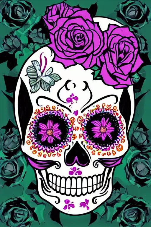 Prompt: illustration of a sugar skull day of the dead girl, art by wes benscoter