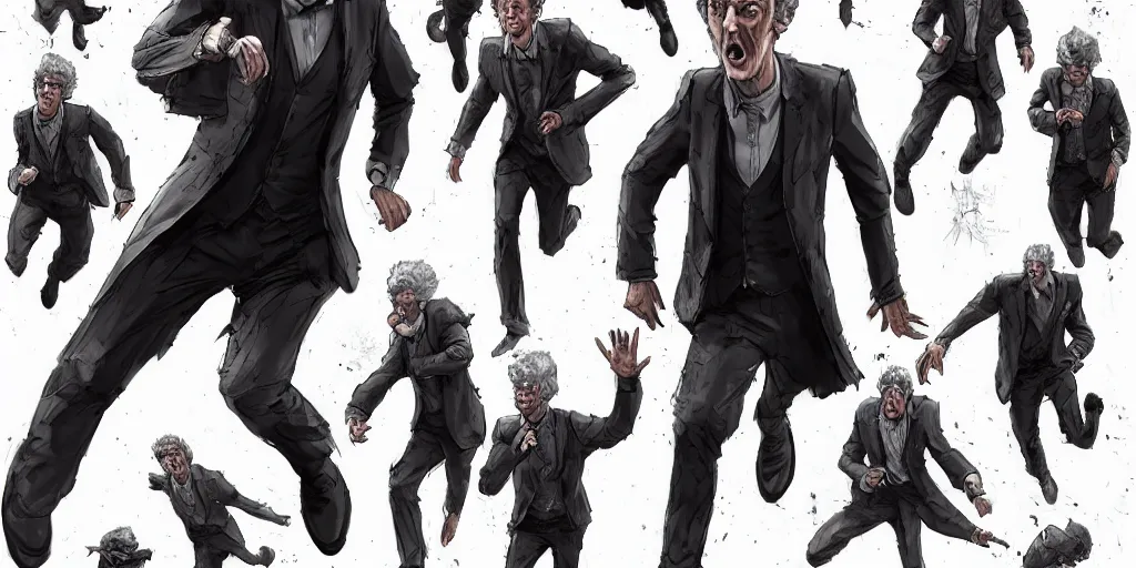 Image similar to cartoonish peter capaldi running, character sheet, fine details, concept design, contrast, kim jung gi, greg rutkowski, trending on artstation, 8 k, full body, turnaround, front view, back view, ultra wide angle