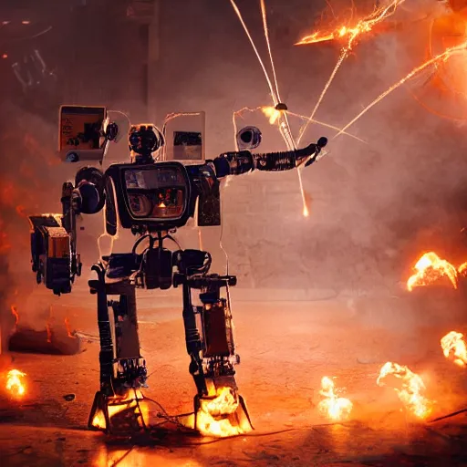 Image similar to toaster oven terminator robot, dark messy smoke - filled cluttered workshop, dark, dramatic lighting, orange tint, sparks, plasma charge, cinematic, highly detailed, sci - fi, futuristic, movie still