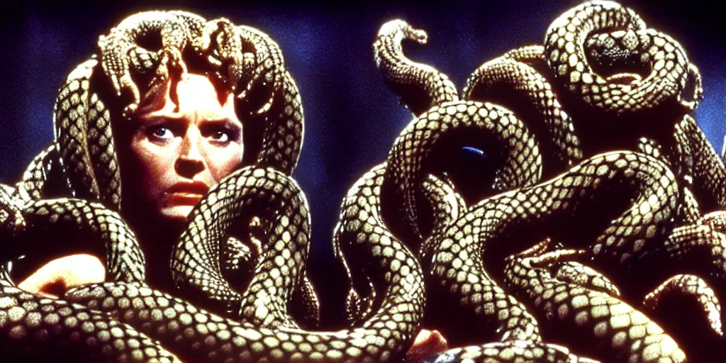 Image similar to medusa, with small snakes for hair, still from the movie the thing ( 1 9 8 1 )