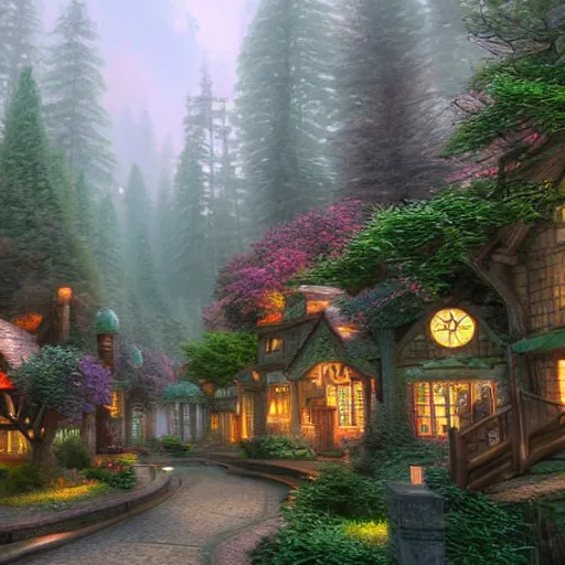 Prompt: A beautiful matte painting of a 3D printed forest town, Thomas Kinkade, 4k unreal engine