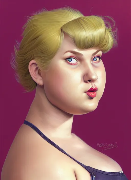 Image similar to full body portrait, teenage betty cooper, blonde hair, obese, bangs, ponytail, sultry, realistic, sultry smirk, fluffy bangs, curly bangs, fat, belly, beautiful girl, intricate, elegant, highly detailed, digital painting, artstation, concept art, smooth, sharp focus, illustration, art by wlop, mars ravelo and greg rutkowski