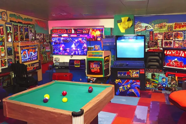 Image similar to photo of a 1 9 8 0 s video game room